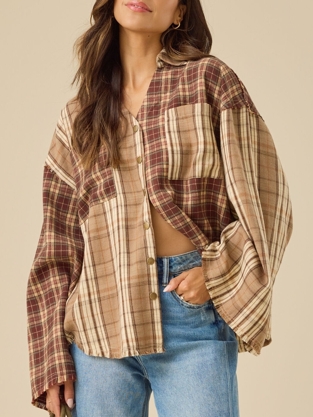 Altar'd State Adelaide Mixed Plaid Top Size Medium Brown Fall Autumn